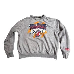 VTG Adidas DEVILS CREW SWEATSHIRT Grey Print Men's Size LARGE Sports Hockey Wear